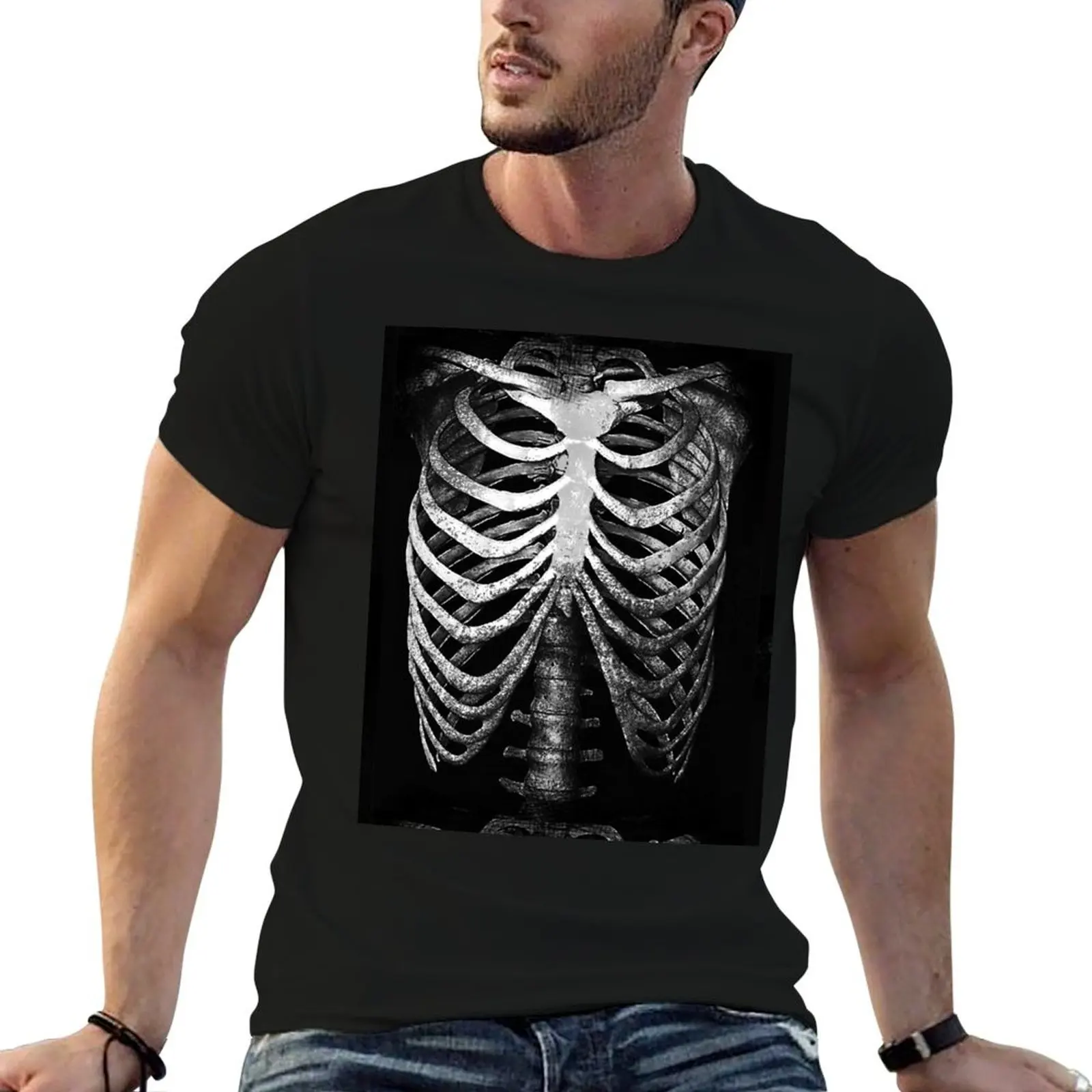 Human Skeleton Ribcage Black & White T-Shirt Outdoor Work Short Sleeve Top