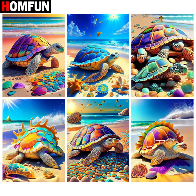 HOMFUN-Pintura Diamante com Praça Cheia e Rodada Imagem Animal, Rhinestone Decoração, Tartaruga e Praia, Pintura com Bordado