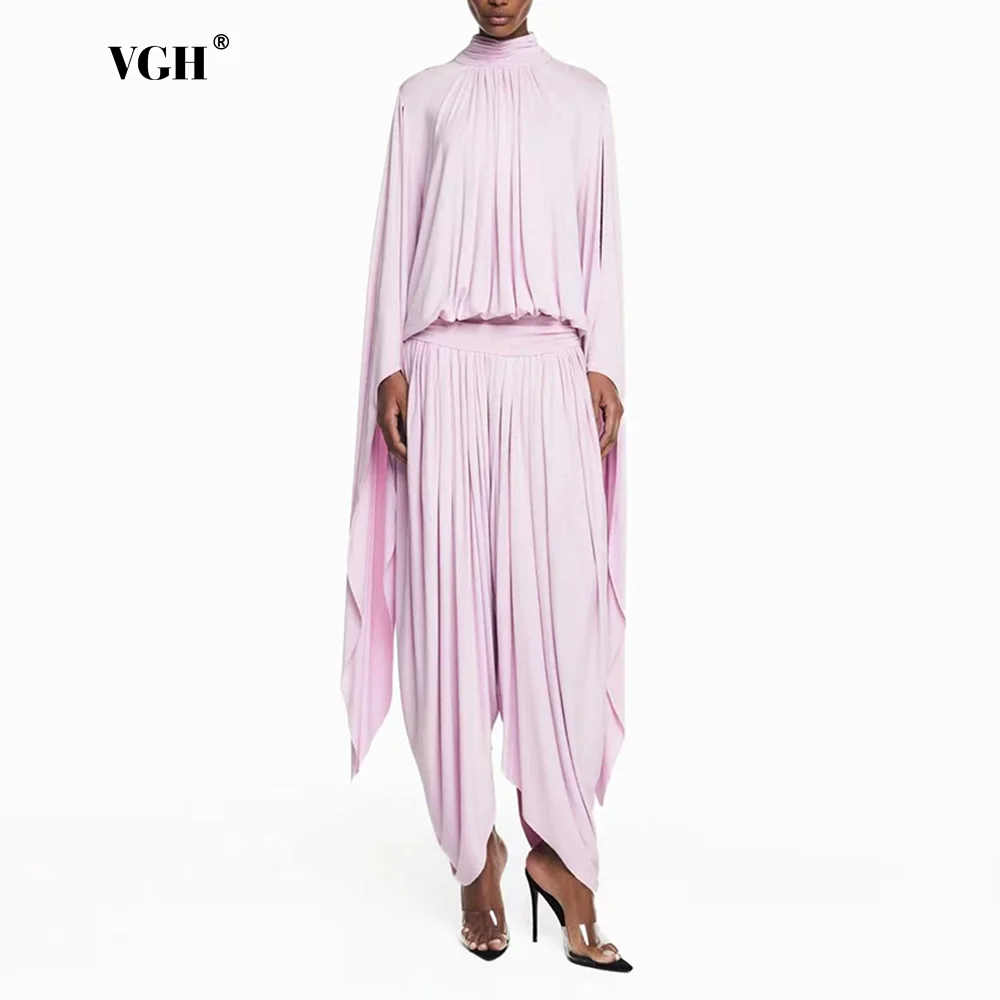 VGH Draped 2 Piece Set for Women Cut Out Flare Long Sleeve Gathered Top Elastic Waist Harem Wide Leg Pants Formal Party Outfit