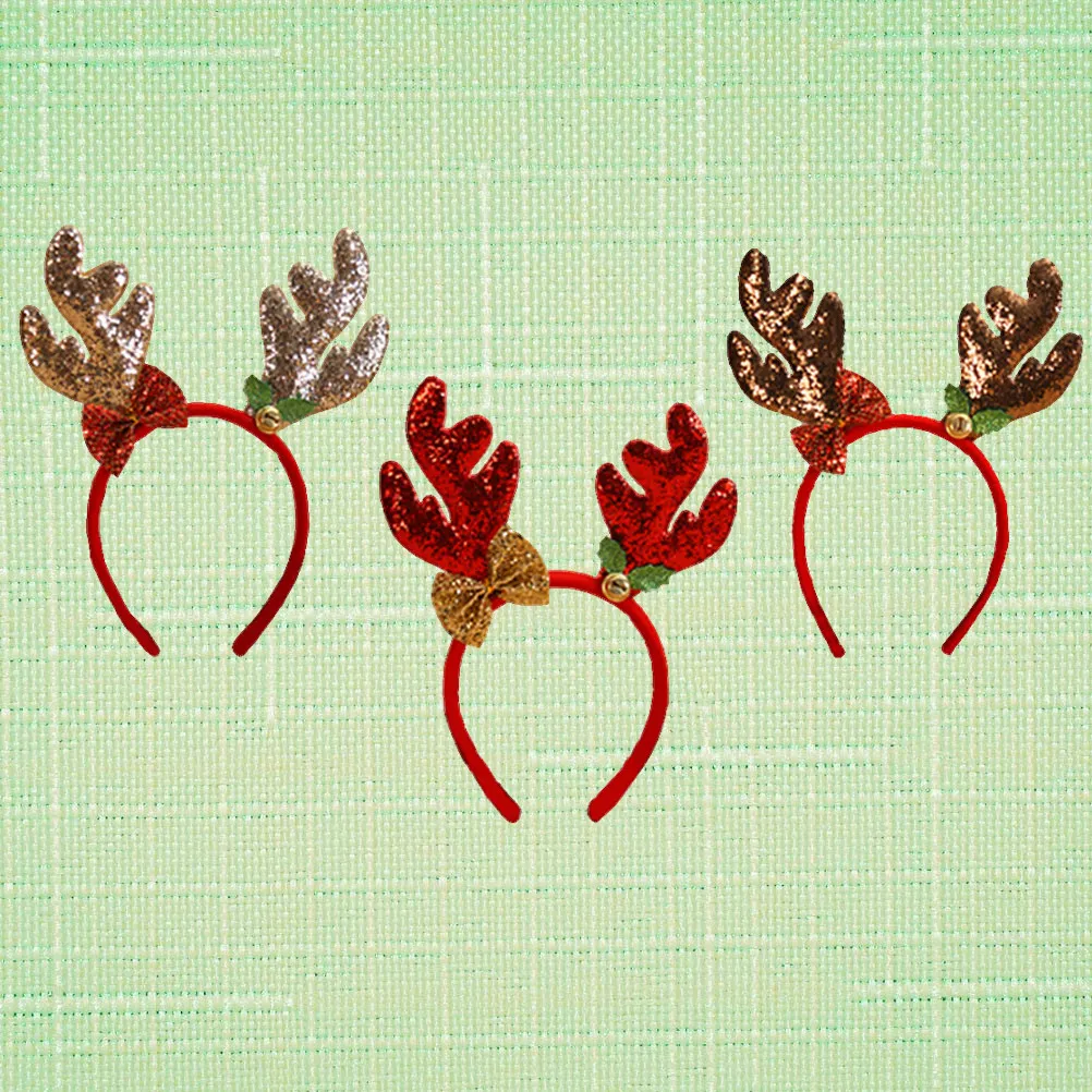 

3Pcs Reindeer Antlers Christmas Headbands Red Gold Coffee Glitter Bells Holiday Party Hair Bands Adults Masquerade