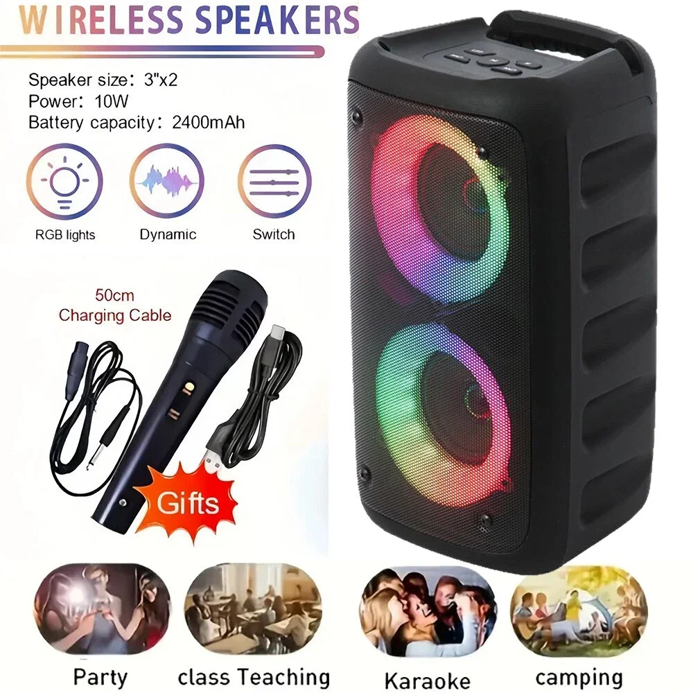 

Bluetooth Speaker Subwoofer Portable Wireless Speaker with Colorful Lights + Mic