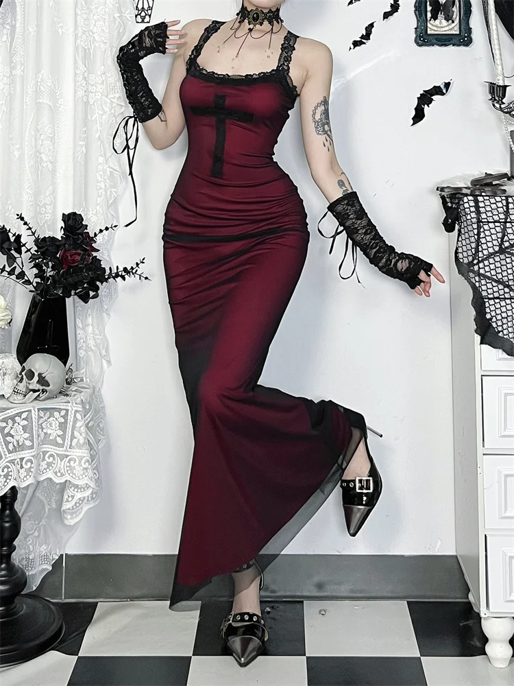 Vestido feminino vintage gótico vermelho escuro, design cruzado, 2 camadas, elegante, estética, fada, grunge, sexy, vazado, sem mangas, halter