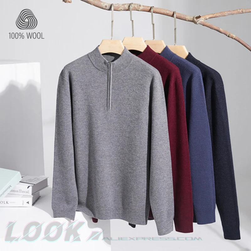 100% wool. High-quality men's turtleneck sweater, half turtleneck woolen shirt to keep warm, business casual men's winter top.