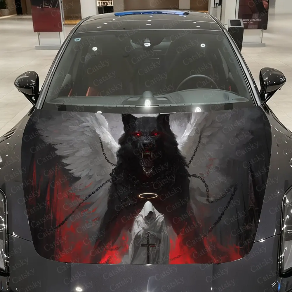 Fiend Wolf and Holy Wing Car Vinyl Wrap, PVC Waterproof Car Hood Sticker, Self-Adhesive Scratch-Resistant Stickers