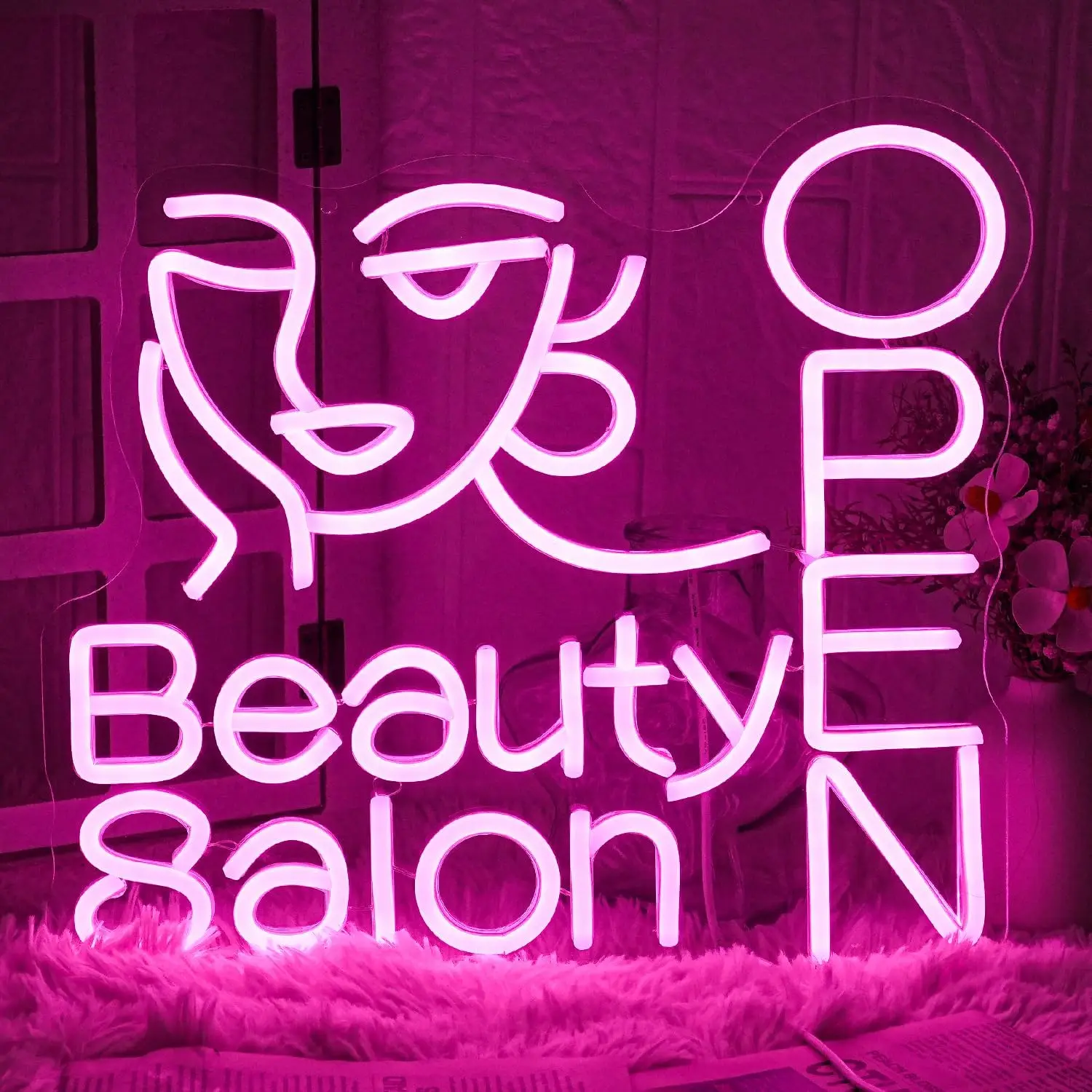

Neon Beauty Salon Open Sign Decor Soft playful sign, warm-toned soft, creamy texture