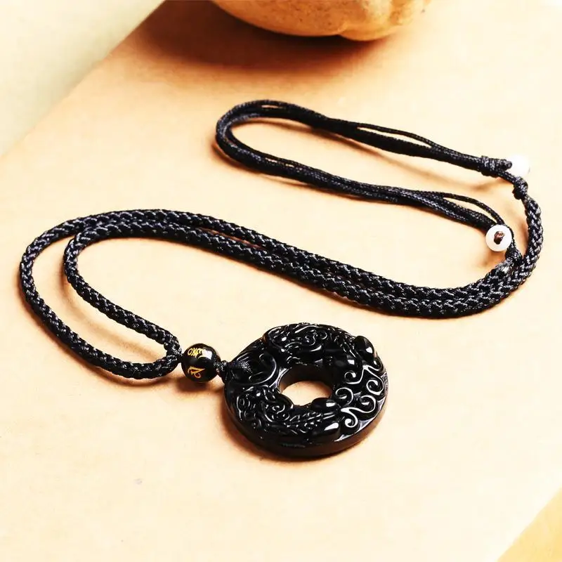 Obsidian Double Pixiu Peace Buckle Pendant for Men's Fashion Necklace Ethnic Style Jewelry Versatile Couple Gift