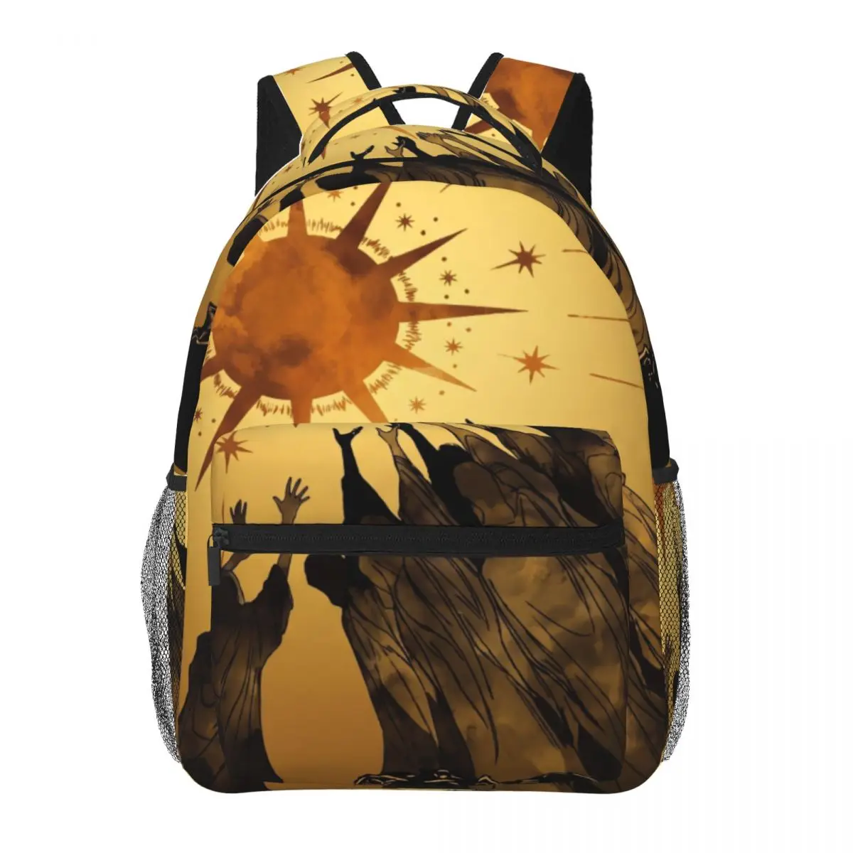 Star Moon School Backpack Center Robed Sun Stylized Illustration Deep Gold Warm Amber Shadow Black Edgy Daypack for School Work
