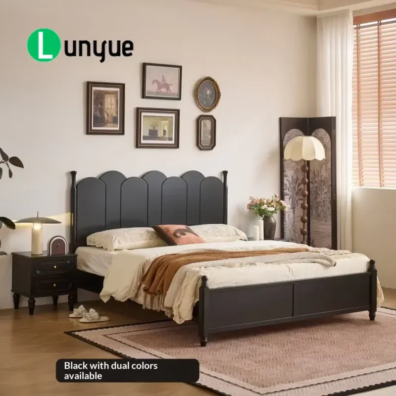 Medieval French Retro Solid Wood Double Bed Adjustable Headboard 1.5m 1.8m Size Space Saving Design for Small Apartment