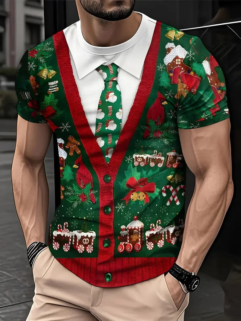 الرجال حفلة عيد الميلاد التي شيرت ثلاثية الأبعاد طباعة بدلة وهمية نمط تصميم قصيرة الأكمام الجولة الرقبة التي شيرت مع ندفة الثلج شجرة عيد الميلاد الطباعة #3