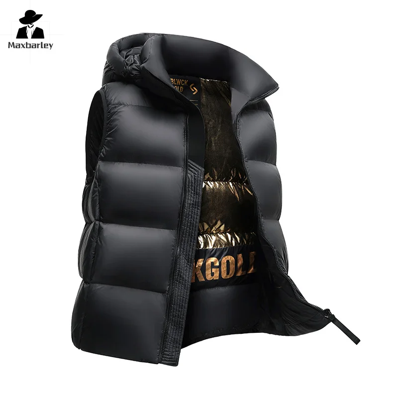 Colete luxuoso de pato preto dourado brilhante masculino, jaqueta sem mangas quente, colete grosso com capuz, à prova de frio, na moda, inverno, 90%