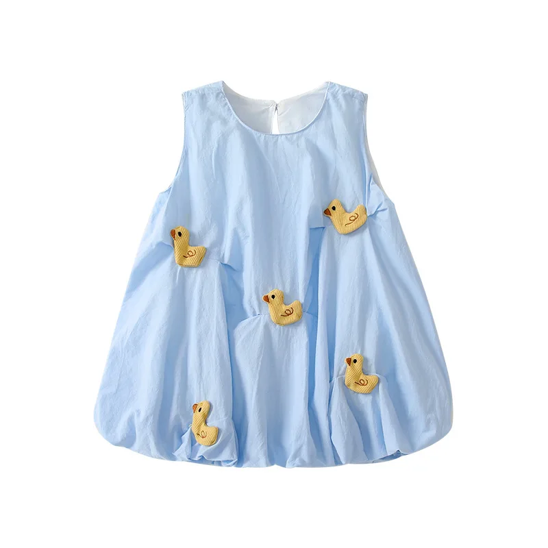 

Summer Baby Girl Korean Style Children's Clothing Sleeveless Blue Cartoon Skirt Thin Cotton Cute Outfit 1-3 Years Casual Dresses