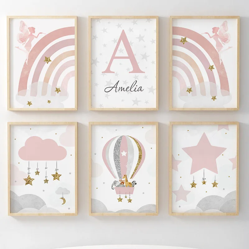 Arte de Pared con Diseño de Ángel Rosa y Arcoíris, Impresiones en Lienzo para Cuarto de Bebé, Pintura con Globos, Nubes, Estrellas y Animales, Pósters, Cuadros para Habitación Infantil