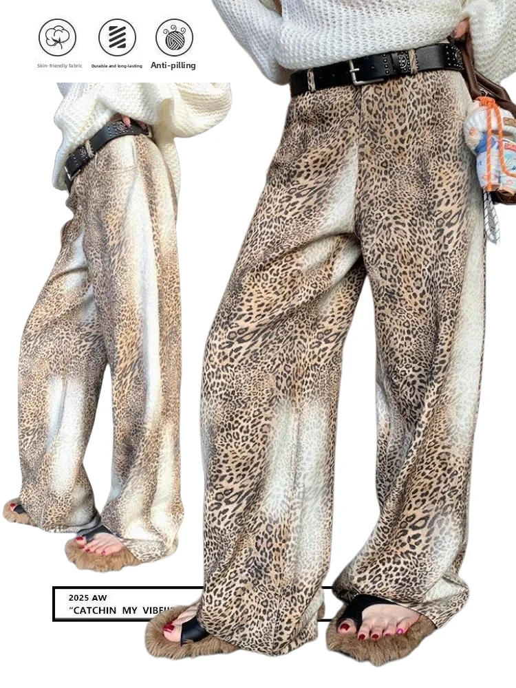 

Retro American Large Size Leopard Print Wide Leg Casual Jeans Women's High Waist Zipper Closure Comfortable Loose Fit Pants