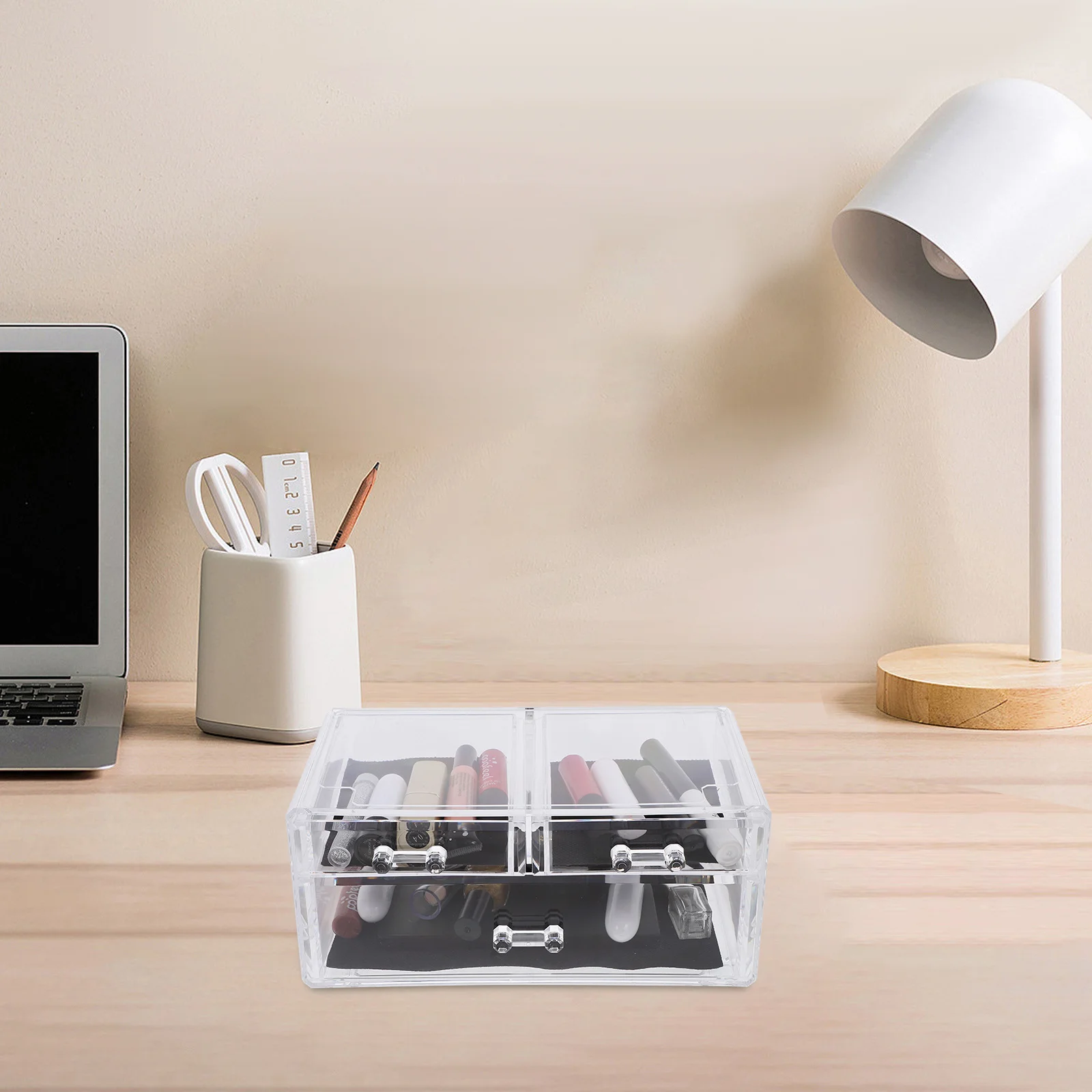 صندوق تخزين شفاف لمنظم المكياج بثلاثة أدراج من الأكريليك لمنتجات العناية بالبشرة على سطح المكتب ومنظمات الأدراج الشفافة #2