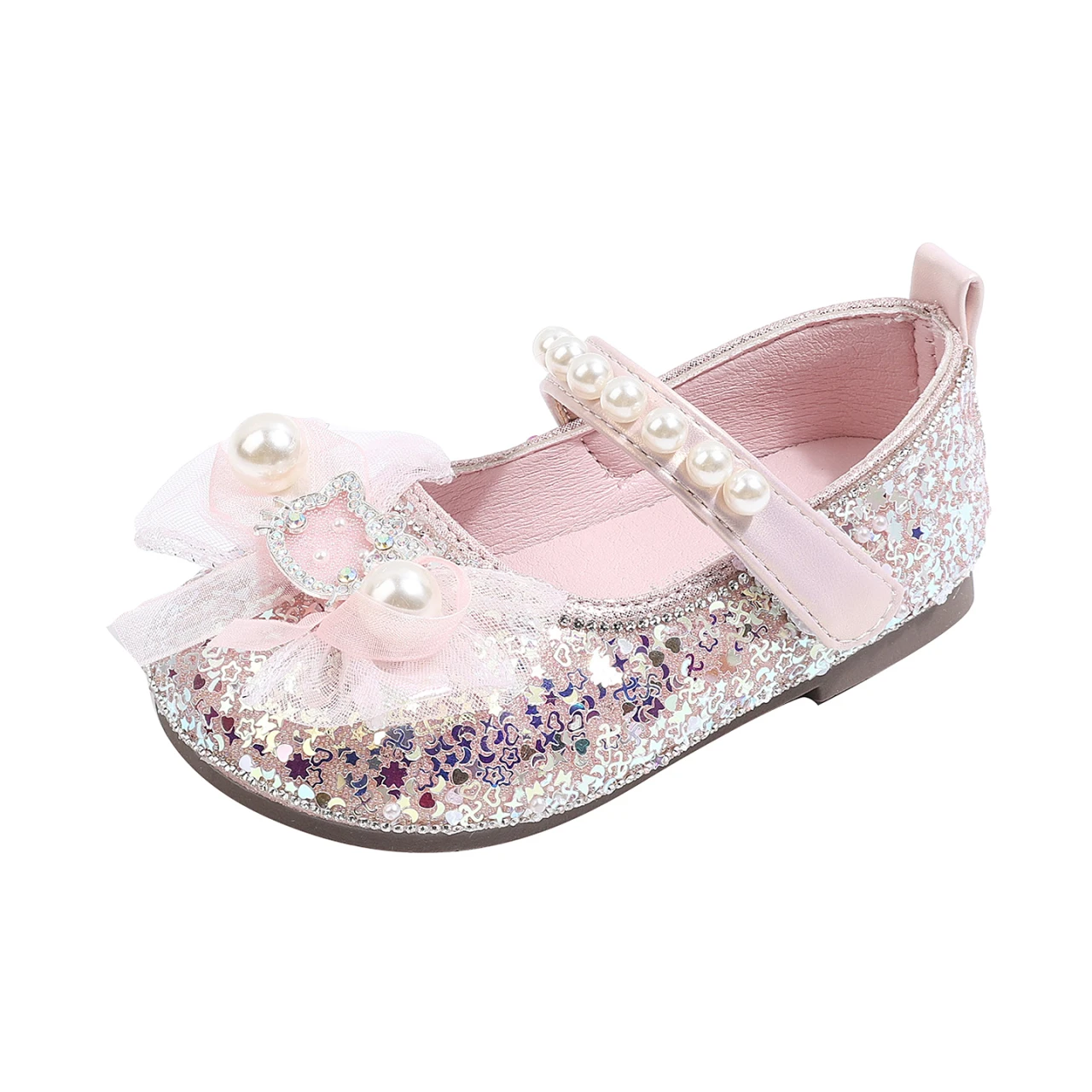 Girls Mary Jane Flat Shoes, Glitter Princess Dress Shoes with Tulle Bow Cat-Shaped Rhinestone Ornament, Pearl Ballet Flats