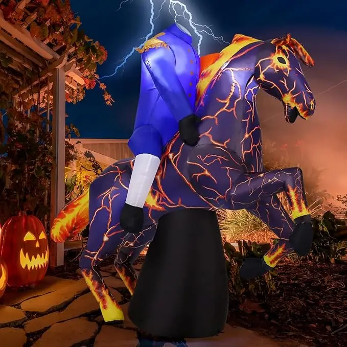 6 FT Długa Halloweenowa Nadmuchiwana Dekoracja Ogrodowa Bezgłowy Jeździec LED na Imprezę w Ogrodzie
