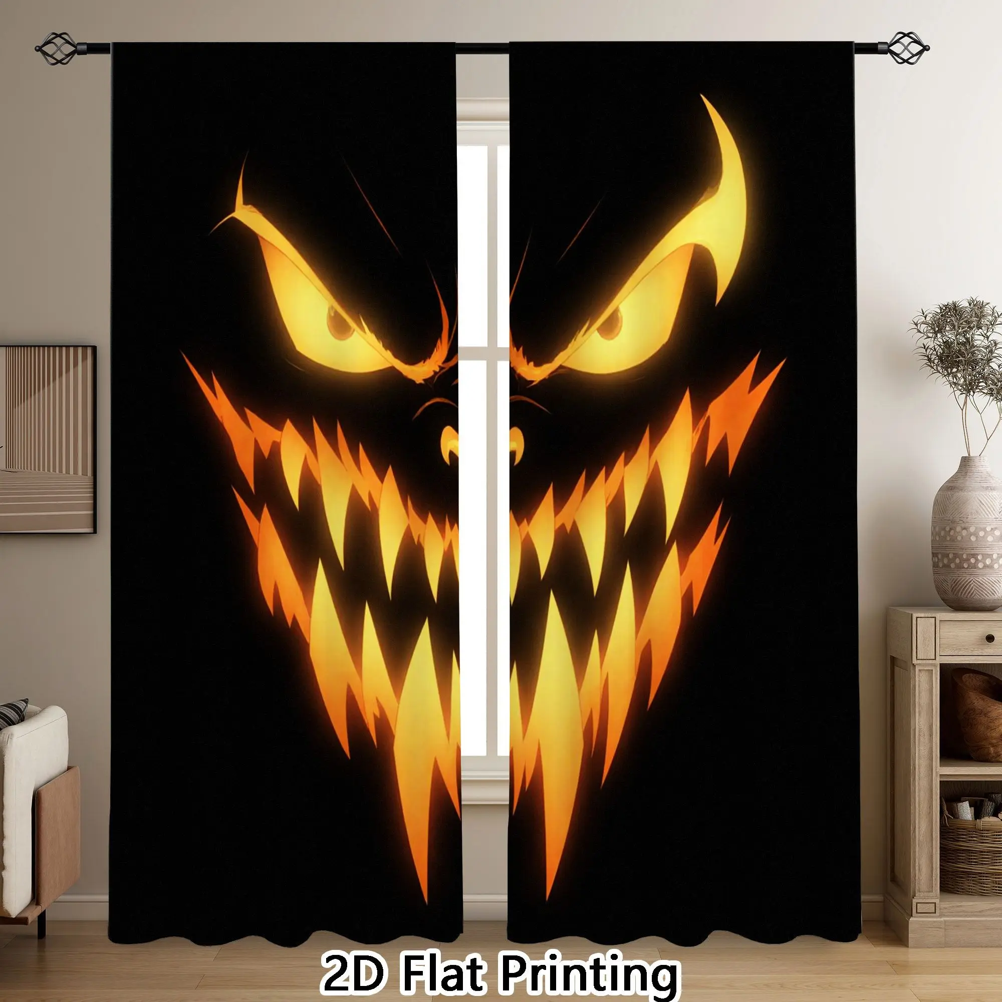 Halloween Scary Face Curtain, Glowing Pumpkin Monster Blackout Drapes, Spooky Party Window Treatment for Living Room
