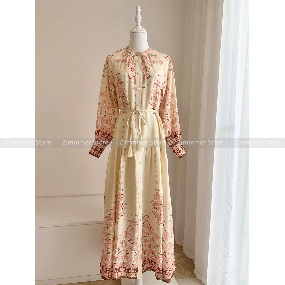 Women's Australian niche 2024 early autumn new pink court style linen print long-sleeved dress temperament swing long skirt