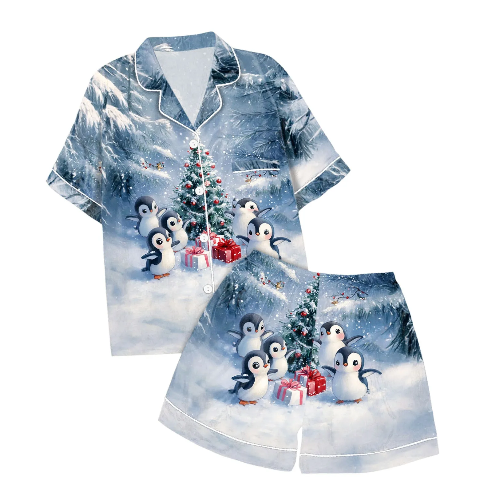 2 Piece Pajamas Women\'s Casual Christmas Printed Pajama Set With Silk Satin Short Sleeved Button Up Top And Shorts Set Sleepwear