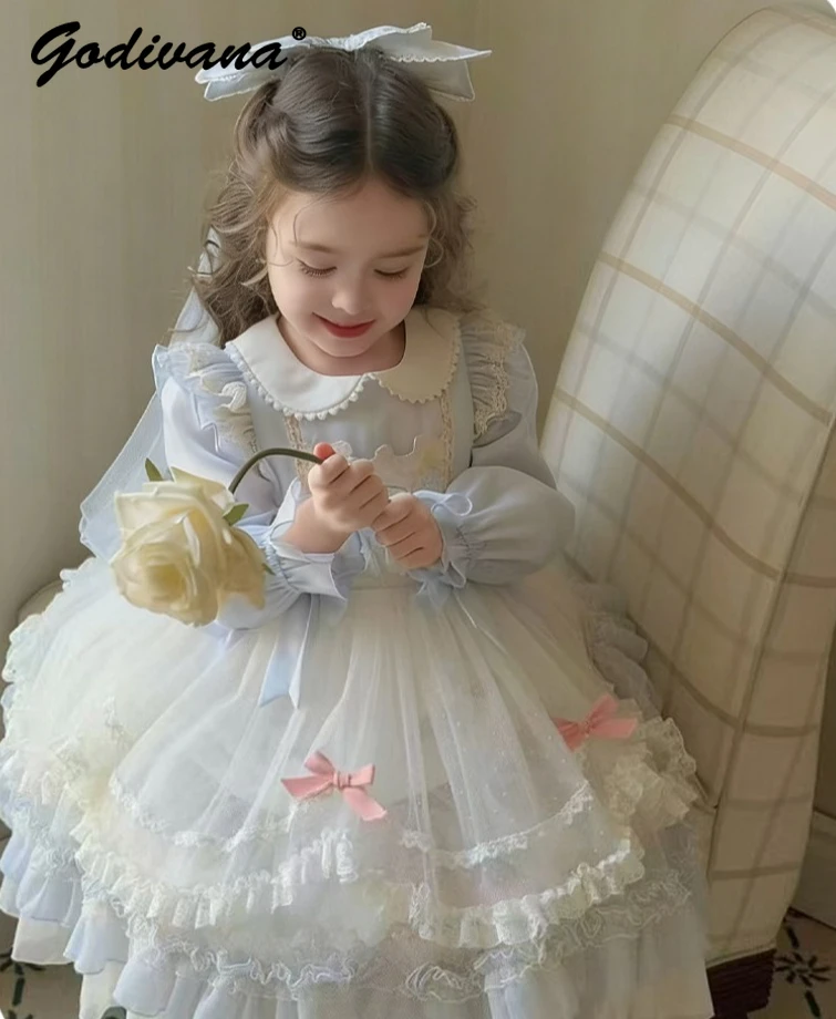Little Girls' Lolita Princess Dresses Spring and Autumn Light Blue Lace French Puffy Dress Bow Embroidered Long-sleeve Ballgown