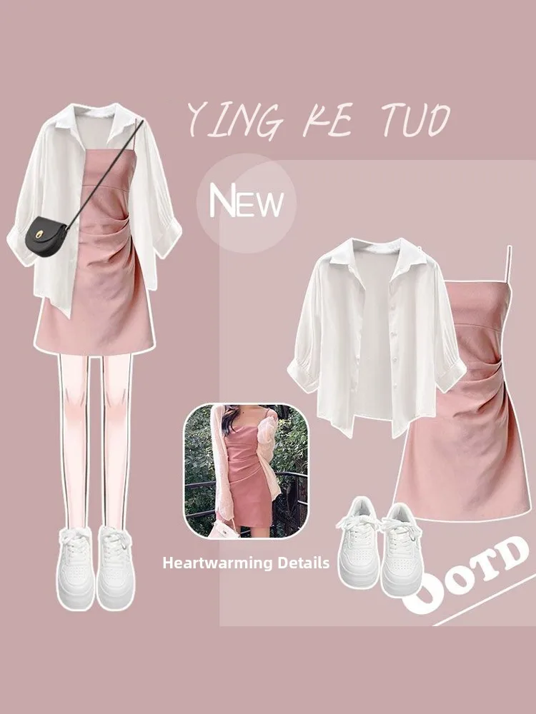Damskie letnie różowe słodkie i pikantne sukienki na ramiączkach lub dopasowane sukienki Dr Bodycon Dr Korean Sle Long Sve A-Line Dr