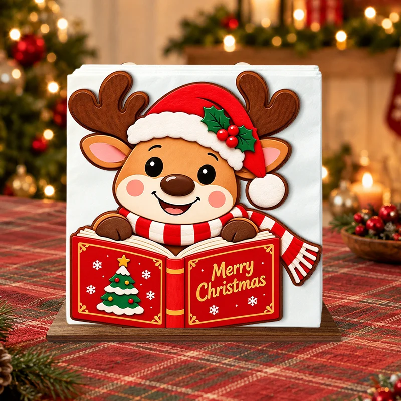 Christmas Wooden Napkin Holder Reindeer in Santa Hat Reading Christmas Story Book Table Tissue Organizer Xmas Decor