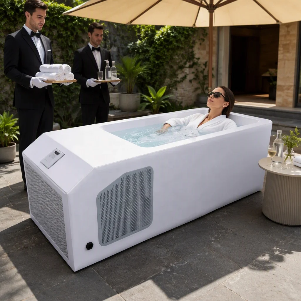 a*-Outdoor Standalone Acrylic Ice Bathtub with Moderate Capacity Suitable for Gym Recovery Training and Cold Water Therapy.