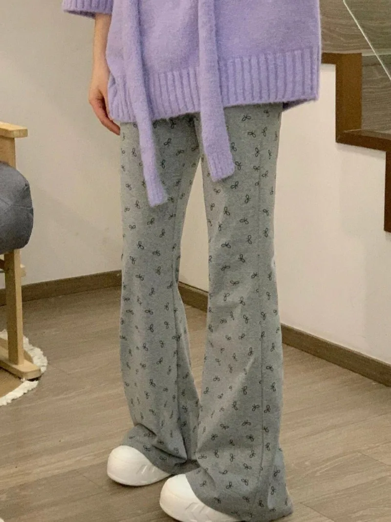 

Vintage Bow Print Gray Trouser Summer American High Waist Sweet Y2k Wide Leg Women Flare Pants Straight Loose Ankle Length