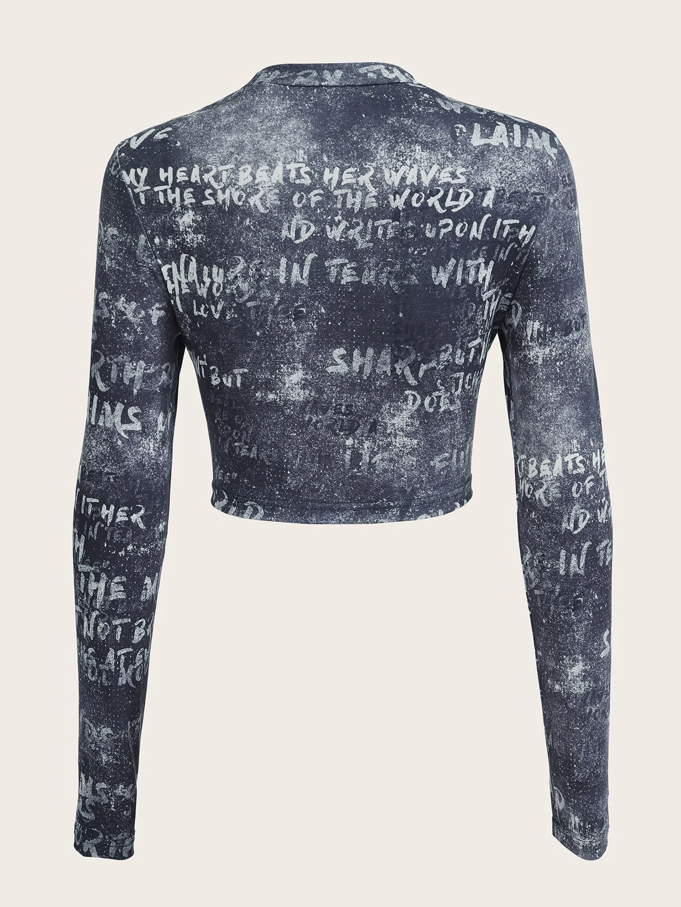 Digital letter print women’s long-sleeved T-shirt with small collar, openwork design, short length, and tight-fitting base layer