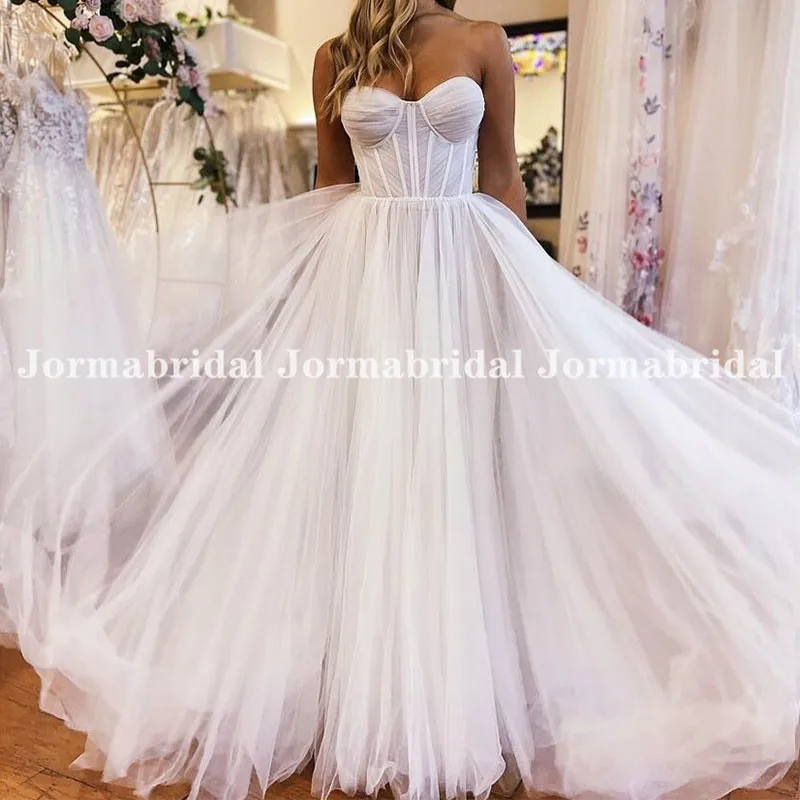 Querida praia vestidos de casamento corpete desossa a linha vestido de noiva até o chão princesa fluindo tule boho vestidos de casamento