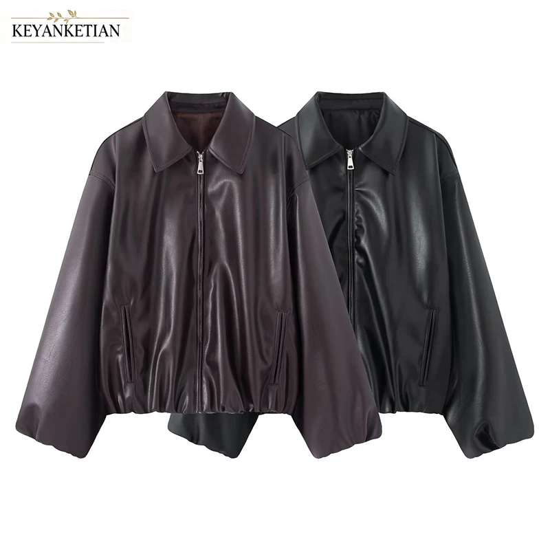 KEYANKETIAN 2026 Autumn Retro Casual Style Women PU Leather Outerwear Lapel Zip Cropped Loose Faux Leather Bomber Jacket Top