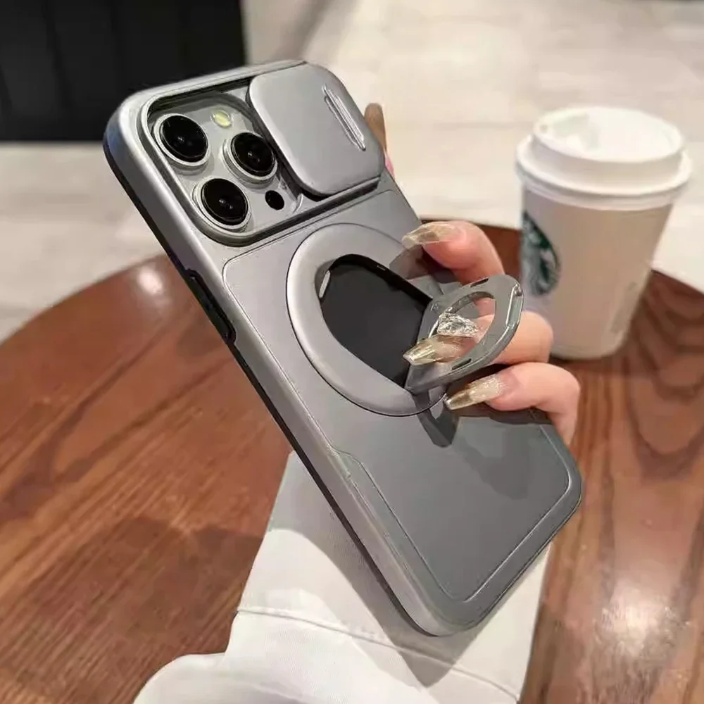 

360° Rotate holder sliding window phone case for iPhone 16 15 14 13 12 11 Pro Max Titanium gray shockproof armor hard cover