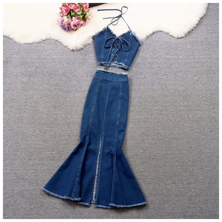 

Amolapha Women Sexy Strapless Halter Neck Crop Tops+Mid-Length Denim Skirt 2pcs Jeans Clothing Sets