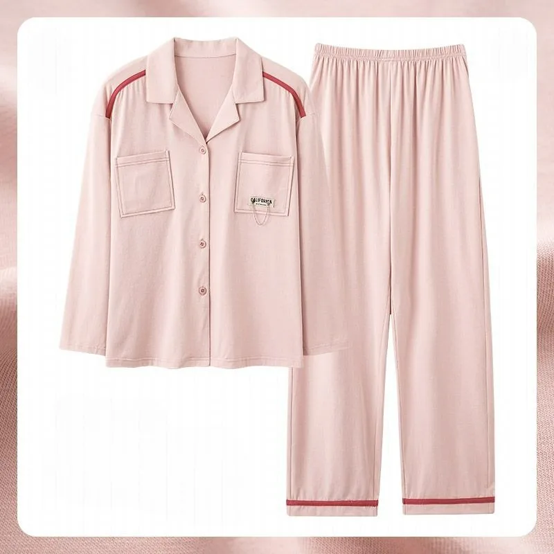 2024 New Spring Autumn Pajamas Pure Cotton Long Sleeve Simple Large Size Ladies Home Leisure Suit Women Fashion Sleepwear Set