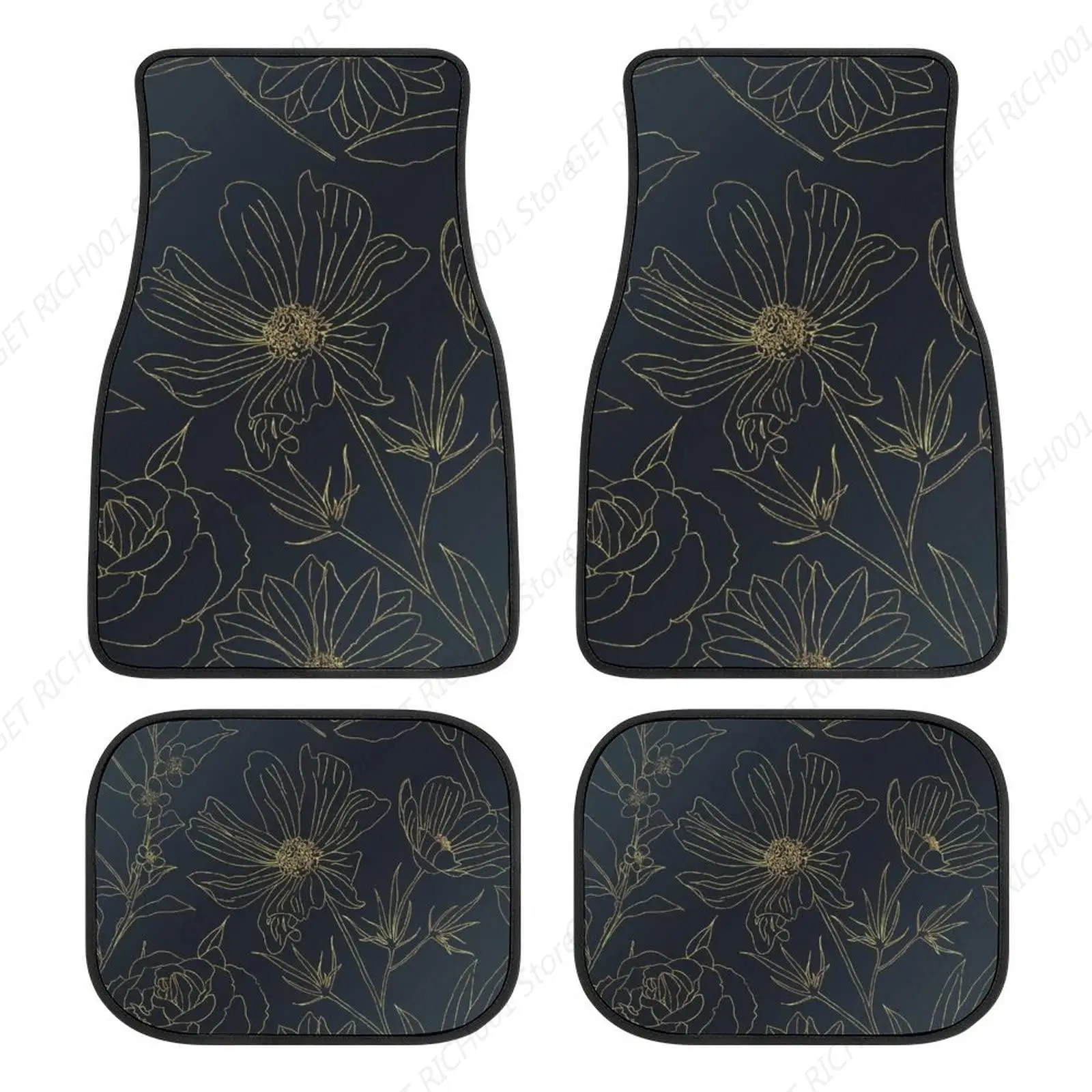 Elegant Gold Flowers Outlines Blue Gradient 4 Pieces Car Floor Mats Car Carpets Full Sets Universal Fit for SUV Vans Sedans