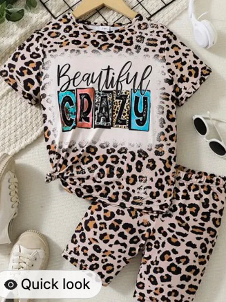 Summer New Kids T Shirts Shorts Sets Fashion Girl's Clothes 3D Leopard Printting Trendy Baby Girls Street Short Sleeve Tees Suit