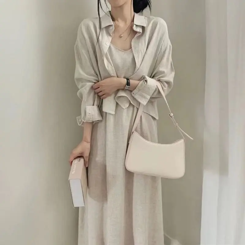 

Spring and Autumn Set Women's 2025 New Korean Waist Slimming Shirt with Hanging Dress Solid Color Two Piece Set