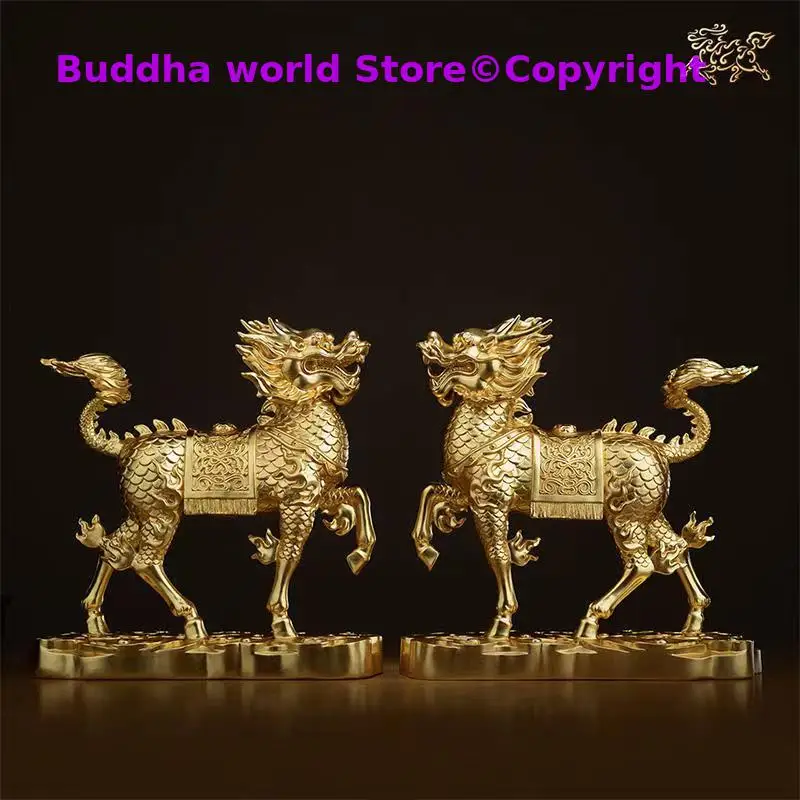 

A PAIR 24K gold-plated high grade HOME GOOD LUCK Mascot Bring wealth money ROYAL Dragon QI LIN Auspicious brass Sculpture Statue