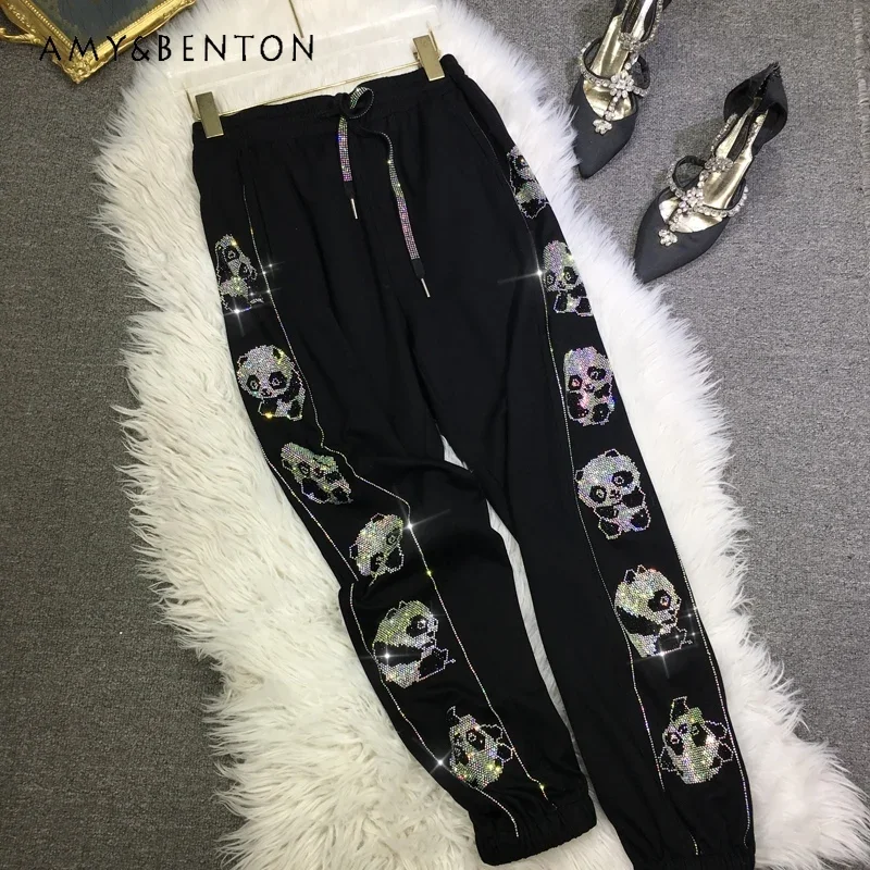 

Heavy Industry Diamond Drills Sweatpants Female Cute Cartoon Black Thin Tied Feet Sports Long Pants Winter Flash Casual Trousers