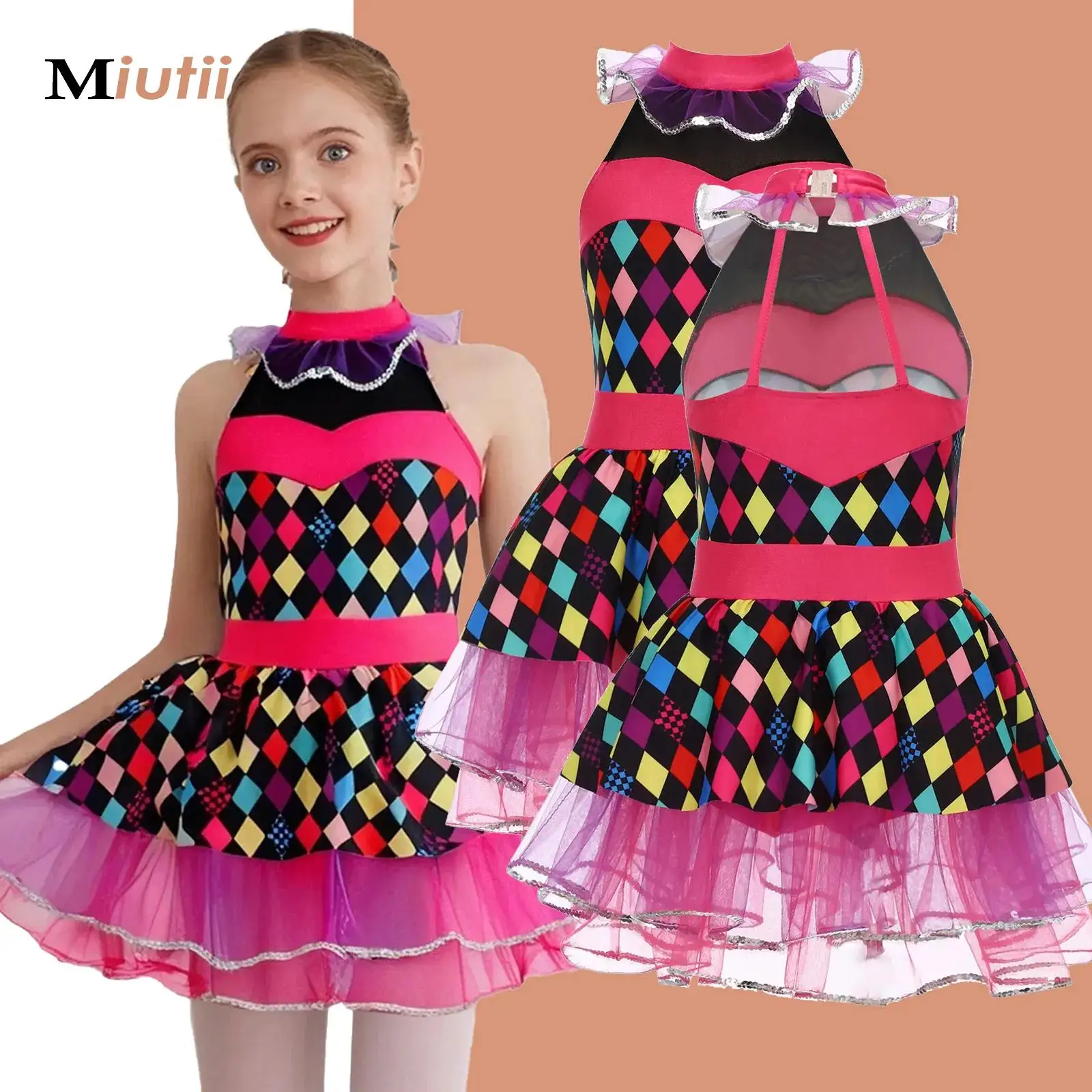 

Clown Costume Kids Girls Circus Dance Tutu Dress Halter Puffy Mesh Skirt Built-In Crotch Buttons Briefs Dress for Themed Party