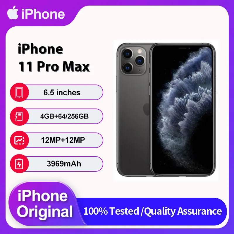 هاتف Apple iPhone 11 Pro Max 4G الأصلي مع معرف الوجه غير مقفول مستعمل IOS 13 6.5 بوصة 64/256GB ROM 3969mAh هاتف محمول 12MP هاتف ذكي
