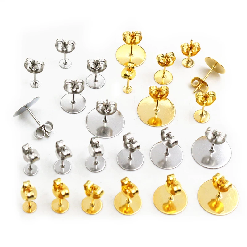 50-100pcs Stainless Steel Gold Color Earring Studs Blank Post Base Pins With Earring Stoppers Back DIY Earrings Jewelry Findings