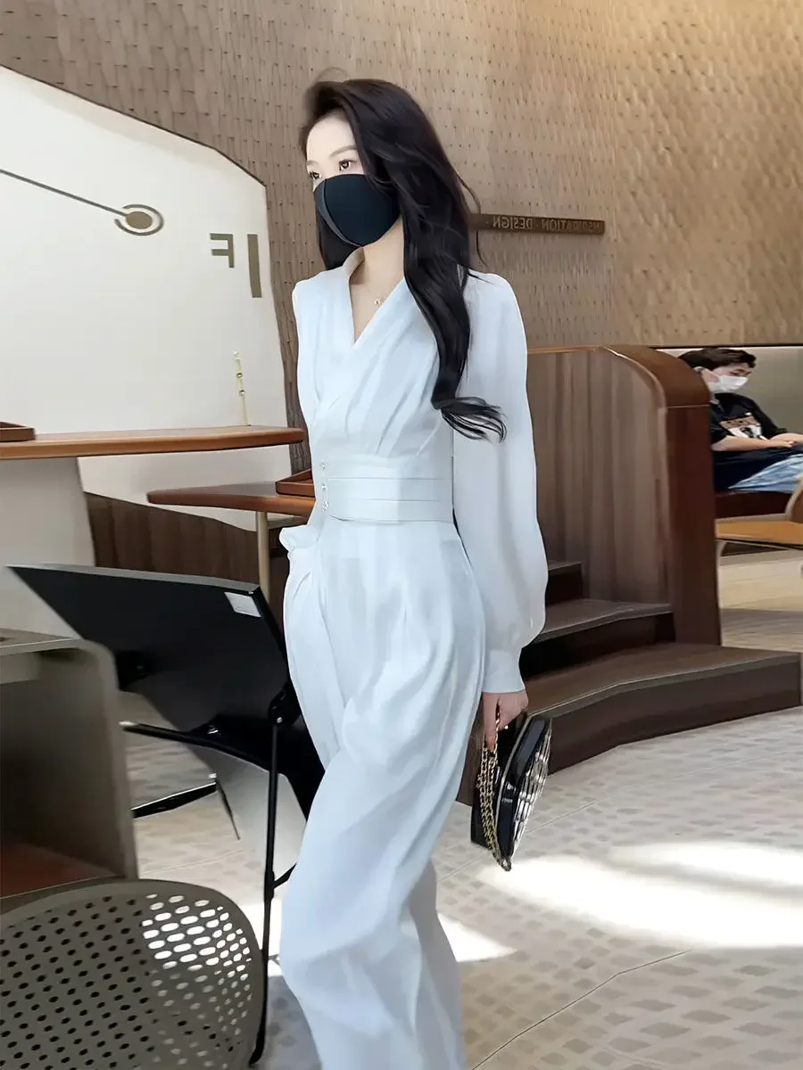 Chemisier et pantalon à jambes larges pour femmes, surintendant, formel, printemps, automne, affaires, ensemble 2 pièces, chemise blanche, vêtements esthétiques