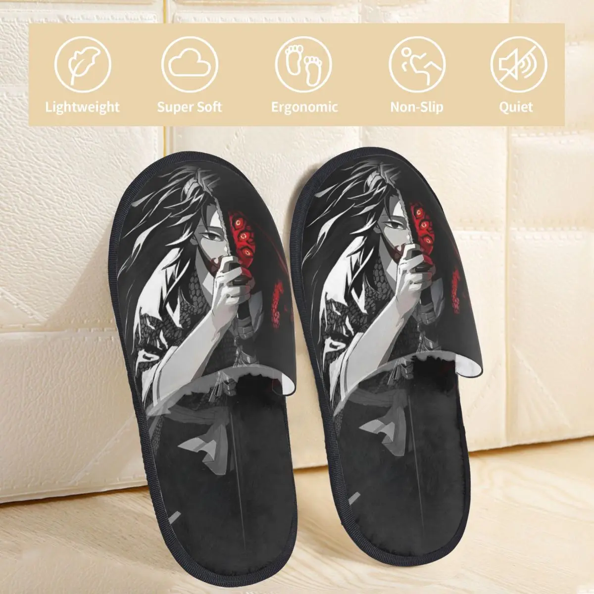 Upper Rank One   Kokushibo House Slippers Bedroom Anime Demon Slayer Cozy Household Fur Slippers Slides Anti-skid