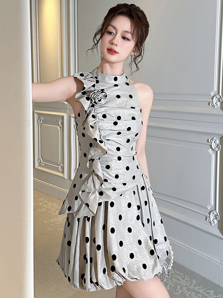 Elegante kawaii data vestido roupas femininas bonito chique doce dot babados flor halter dobras vestido plissado senhora festa clube vestidos
