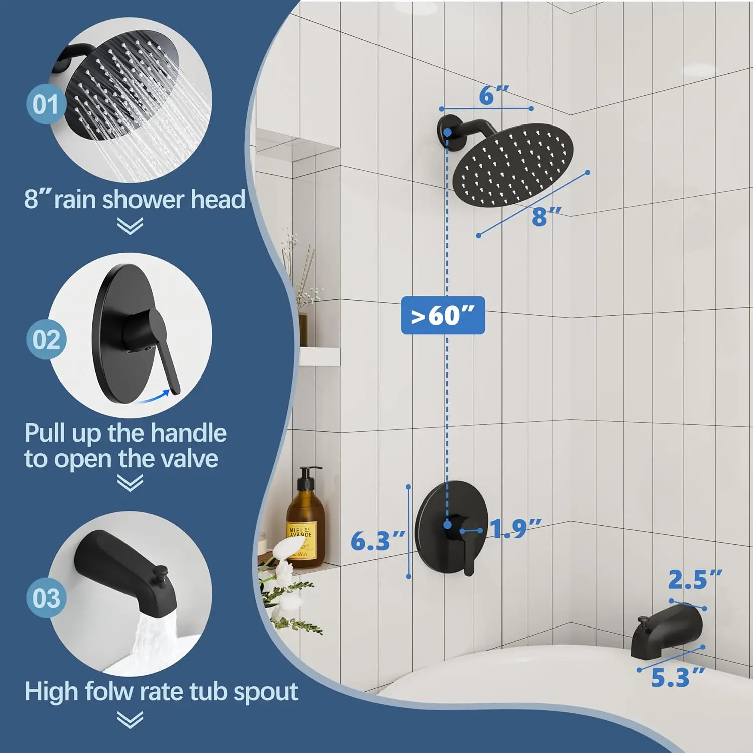 Matte Black Shower Faucet Set with 8-Inch Rainfall Showerhead, Bathtub Spout, and Single-Handle Trim Kit