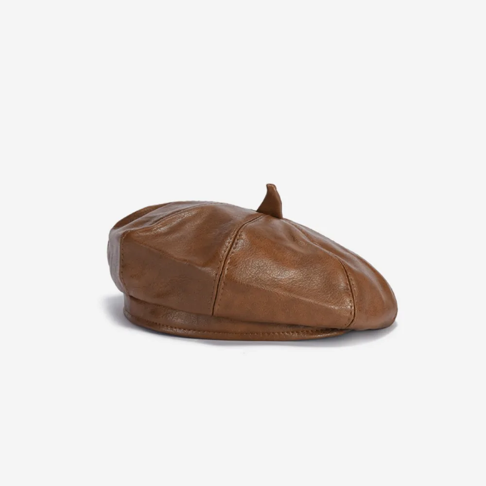 

Classic Retro Beret Hat PU Leather Solid Color Artist Cap Octagonal French Cap for Women