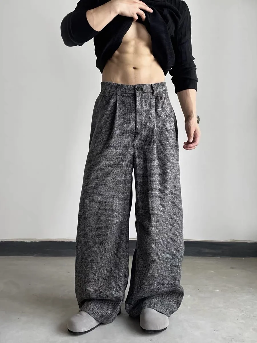 

Vintage Men's Loose Texture Plaid Casual Pants Polyester Fiber Long Sve round Ne Warmth Boy's Faion Casual Wear