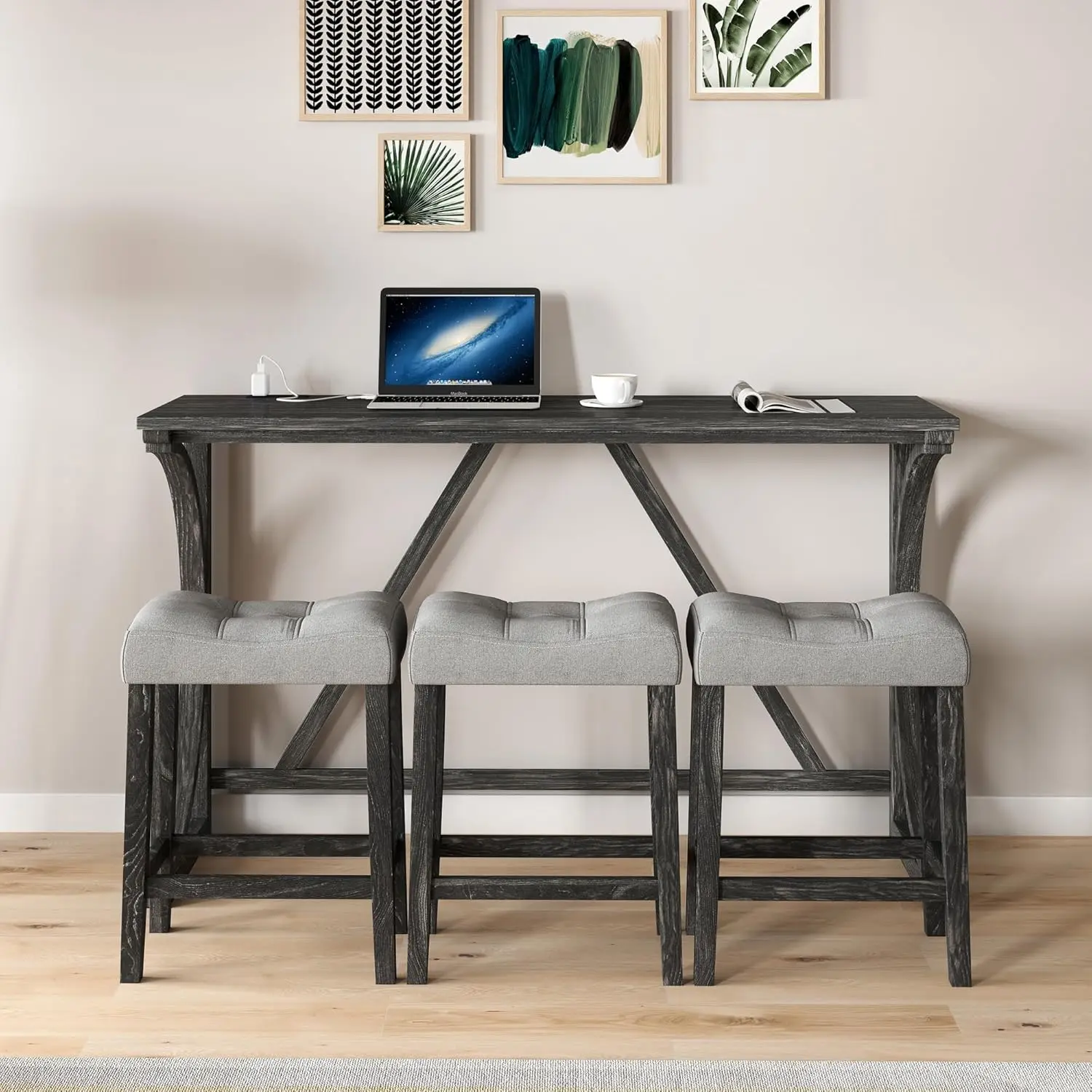 Farmhouse Counter Height Dining Set - Wood Table with Outlet & 3 Upholstered Stools, Black