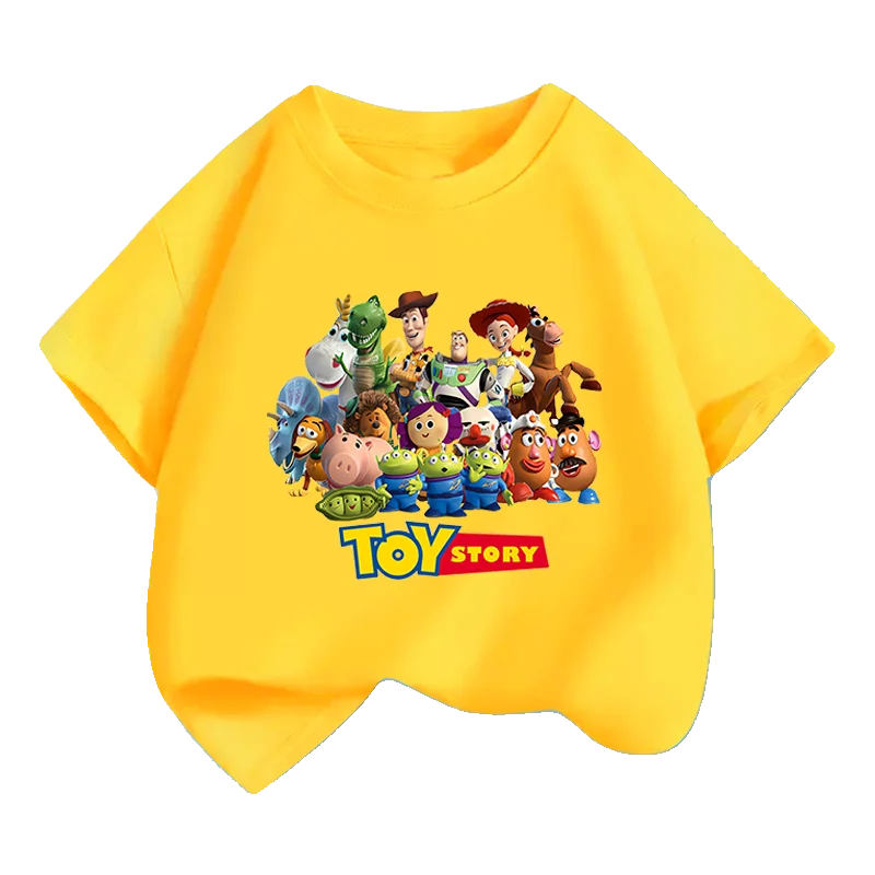 2025 قصة لعبة مطبوعة موضة الأطفال تي شيرت قصير الأكمام جديد الصيف الأولاد القطن الخالص ملابس الأطفال
